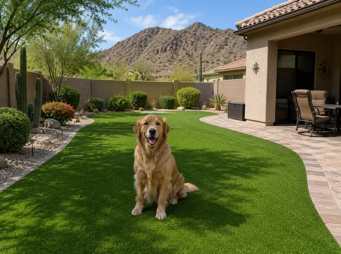 Pet-friendly artificial turf with drainage backing in a dog run