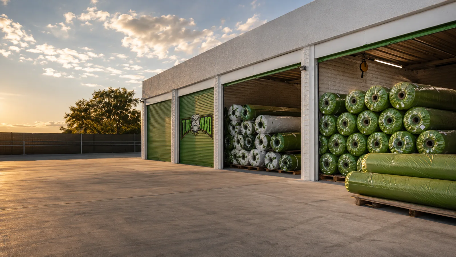 Rolls of artificial turf stacked on pallets in open warehouse bays at a turf supply yard
