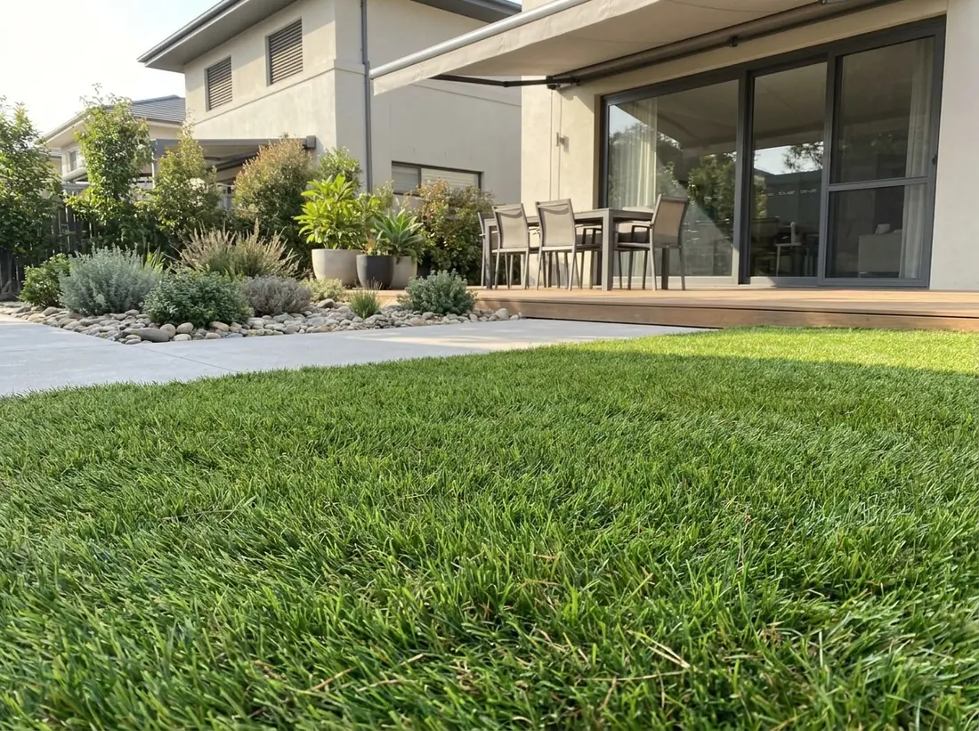 Residential artificial turf lawn in a front yard