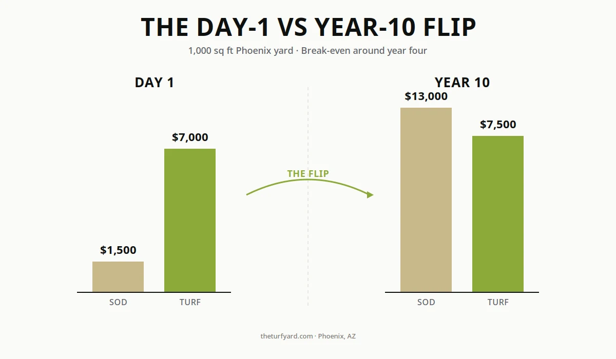 Bar chart showing artificial turf costs more on day one but less than sod by year ten for a 1,000 square foot Phoenix yard