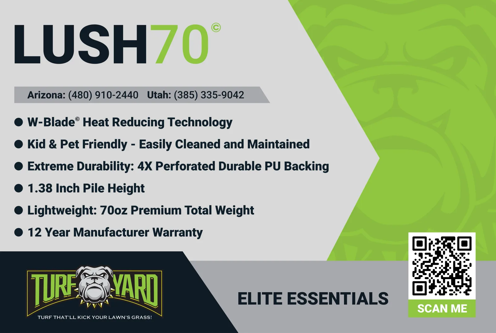 Lush 70 artificial turf product flyer from The Turf Yard