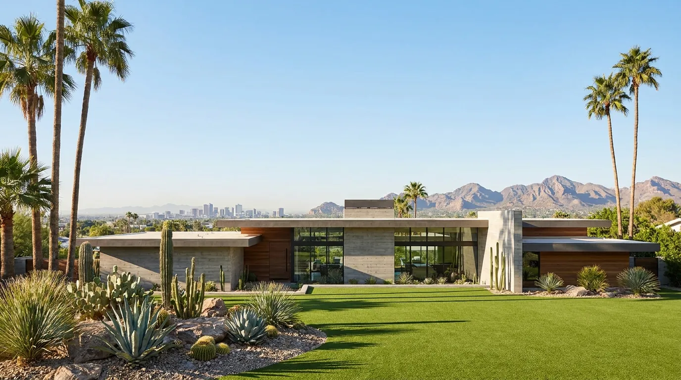 Modern Phoenix home with an artificial turf lawn and palm trees