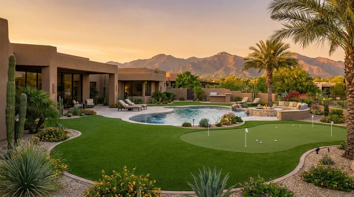 Luxury Scottsdale home with artificial turf, putting green and pool