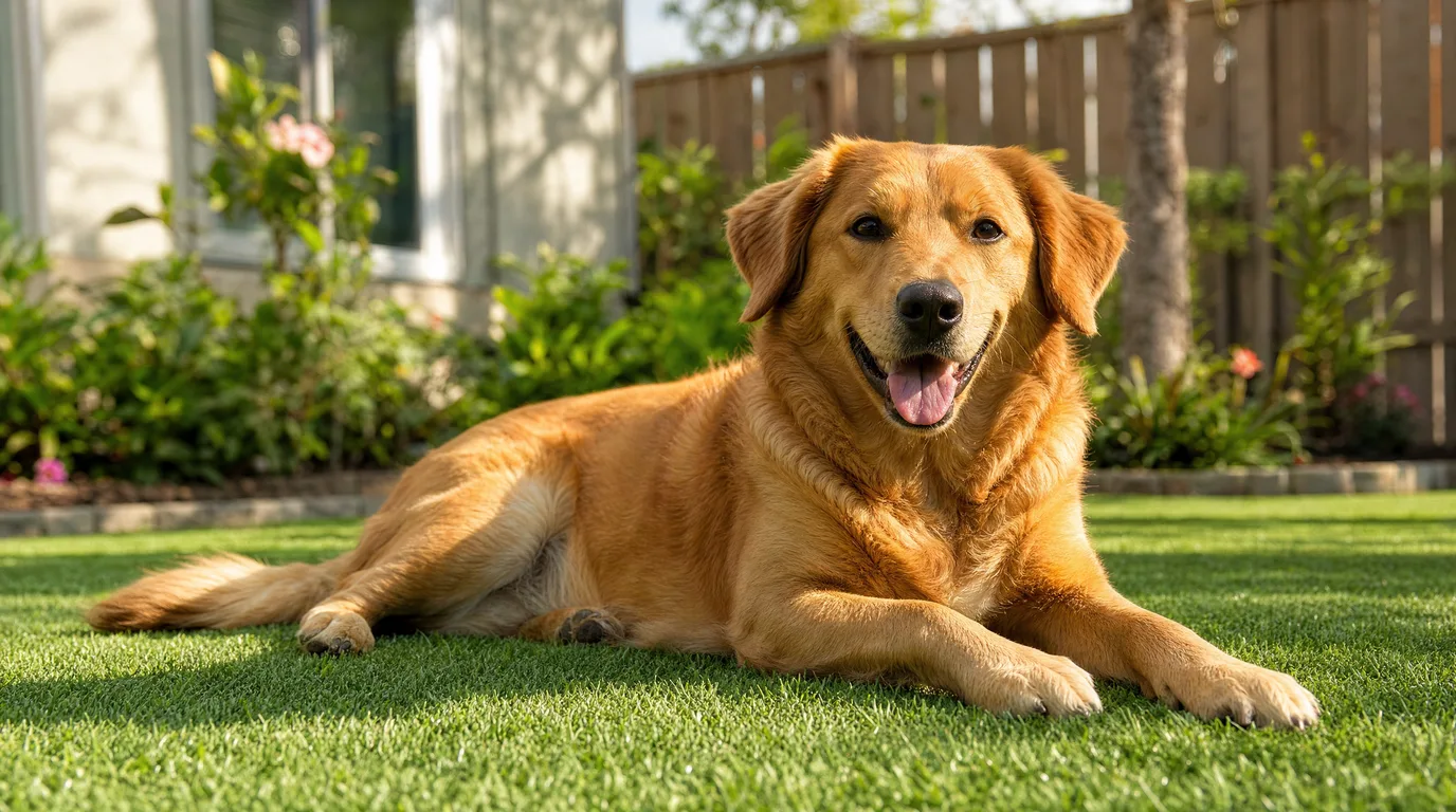 A happy golden-coated dog relaxing on a clean, bright green artificial turf lawn in a sunny backyard