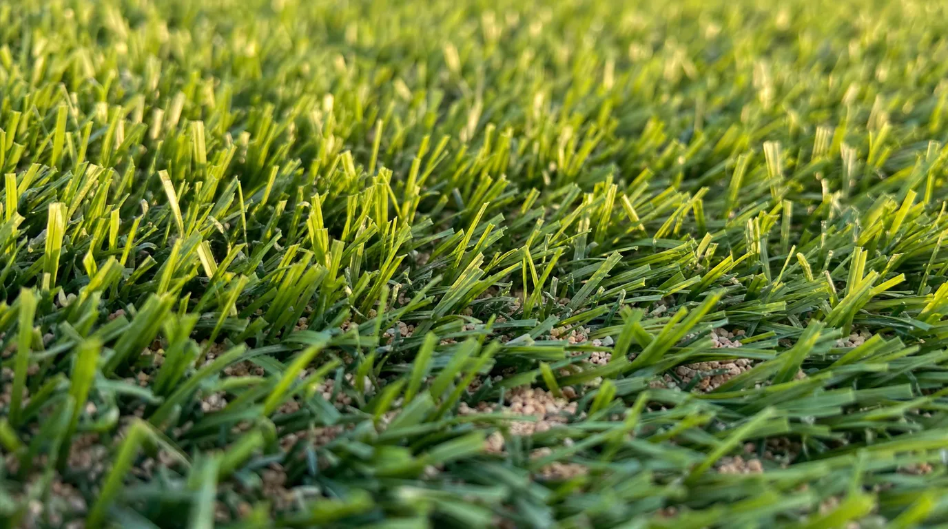 Close-up of premium green artificial turf blades with light tan cooling infill brushed between the fibers in warm sunlight