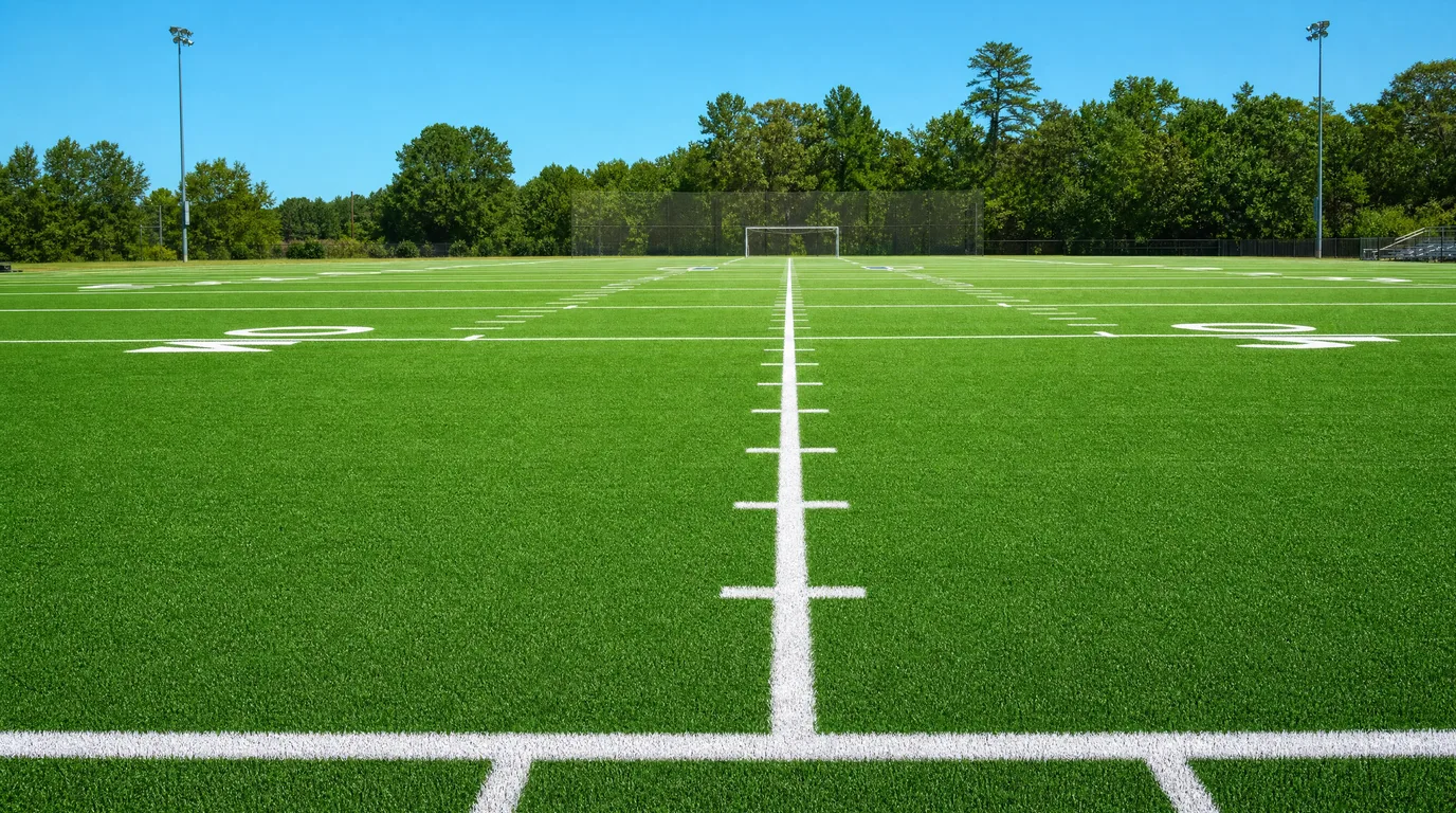 Pristine green artificial sports turf field with crisp white yard lines under a bright blue sky