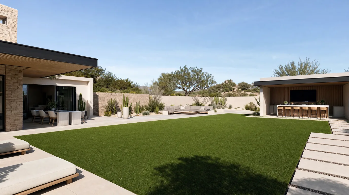 Modern desert home backyard with a premium green artificial turf lawn and contemporary landscape design