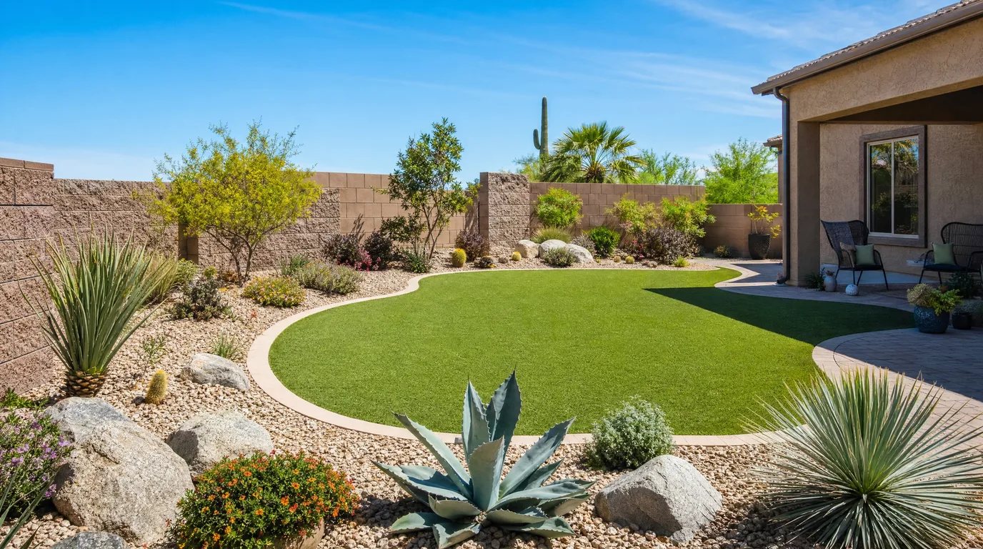 Arizona desert xeriscape backyard with a green artificial turf lawn surrounded by drought-tolerant plants, agave, and decorative rock