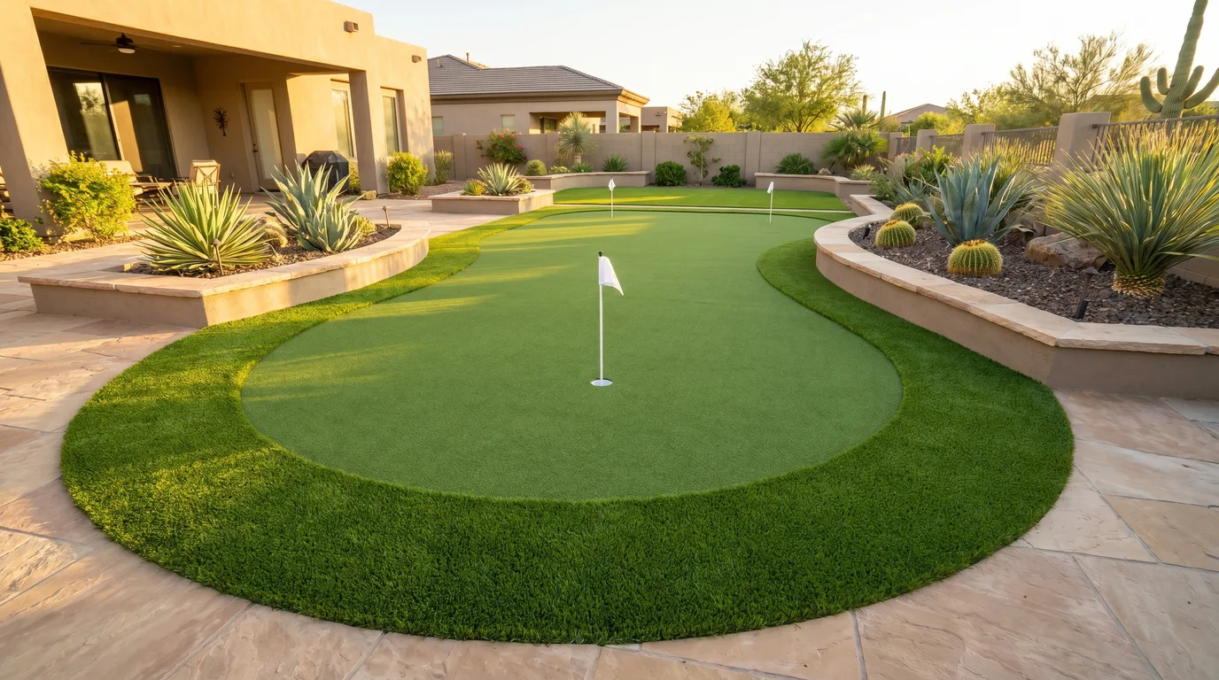 Finished backyard artificial putting green with a white flag in the cup, set in a landscaped Arizona yard with desert plants