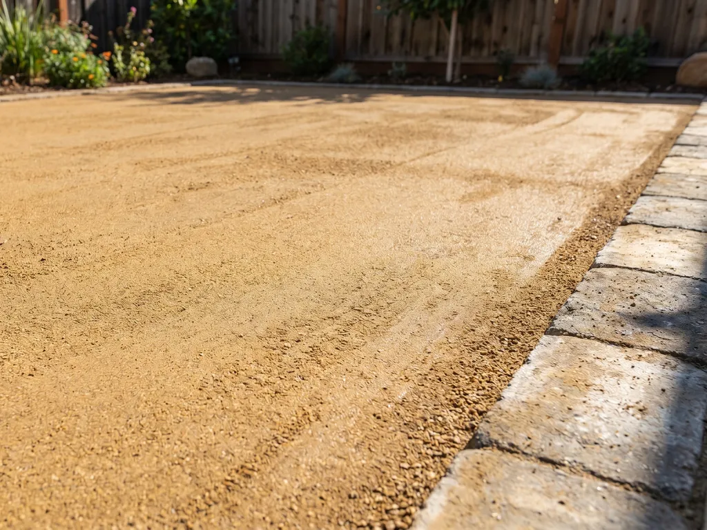 Smooth compacted crushed decomposed-granite base in a backyard, graded flat and ready for turf