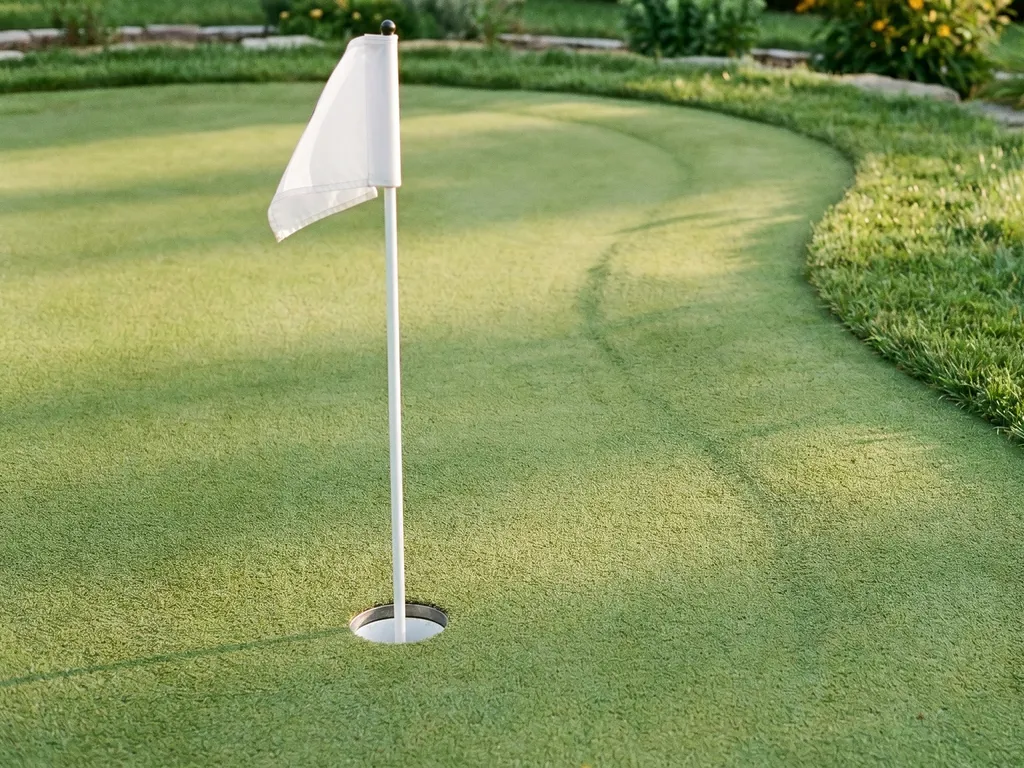 Finished backyard putting green with a white flag in a cup hole and a smooth contoured putting surface