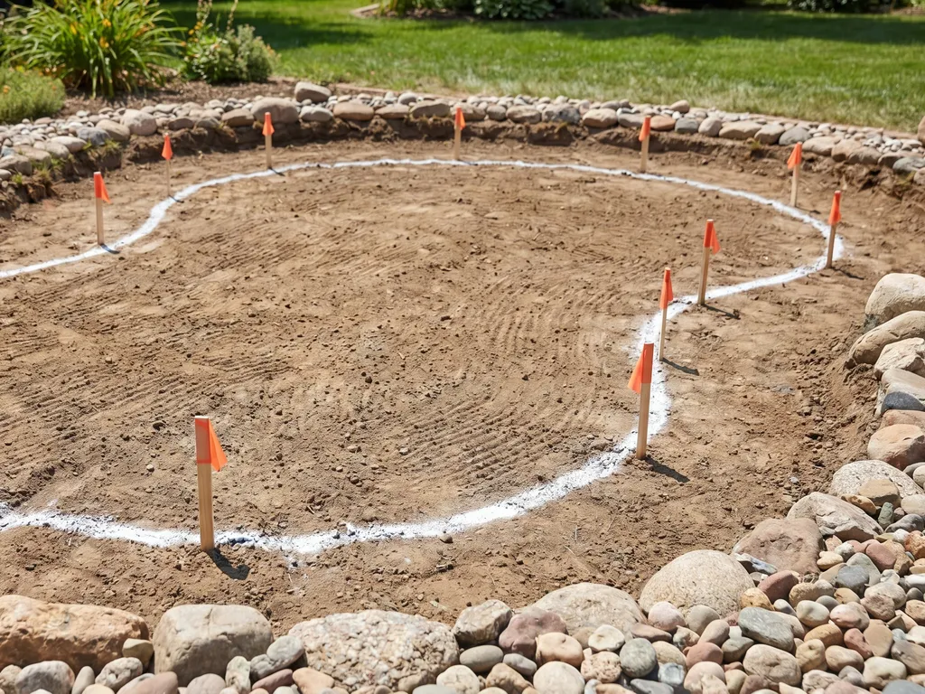 Backyard ground marked with a white spray-paint outline and stakes showing the curved shape of a future putting green