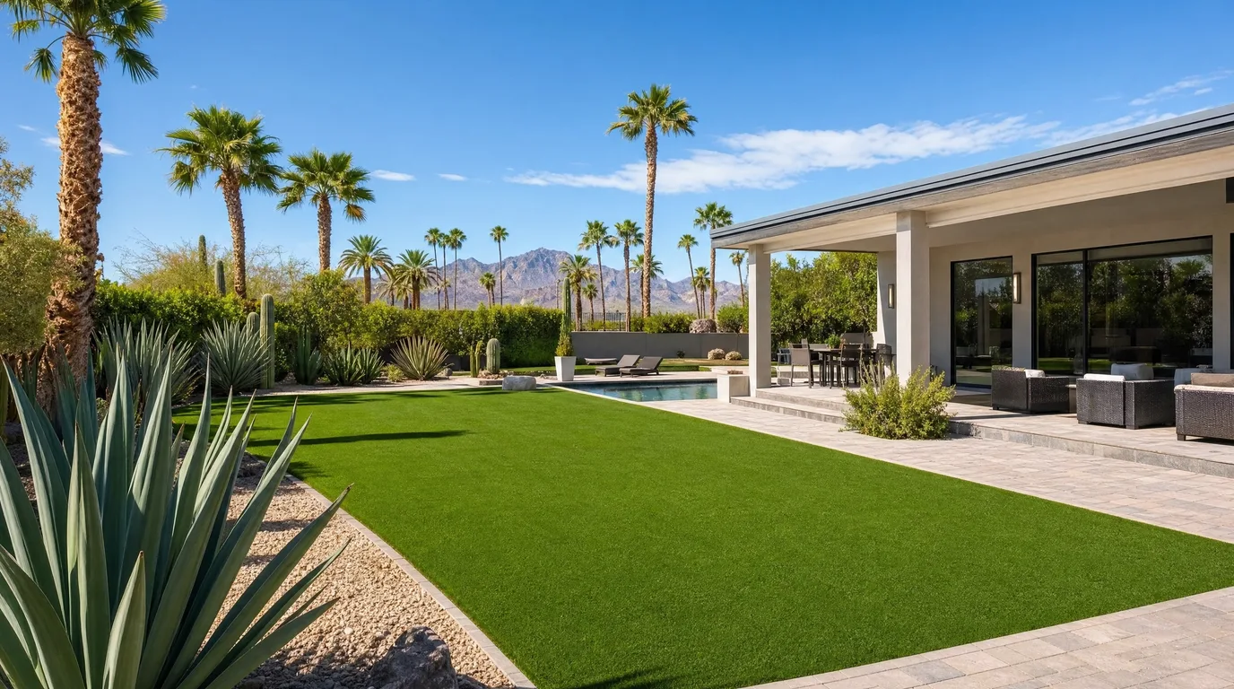 Lush green artificial turf lawn in a modern Arizona desert backyard with palm trees, agave, and a pool under a bright blue summer sky