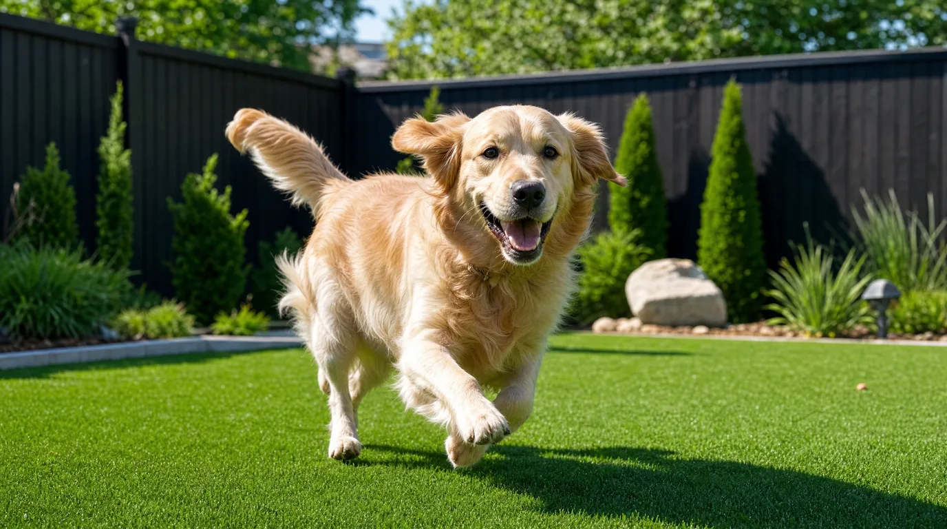 A happy golden retriever playing on a clean, bright green artificial turf backyard lawn