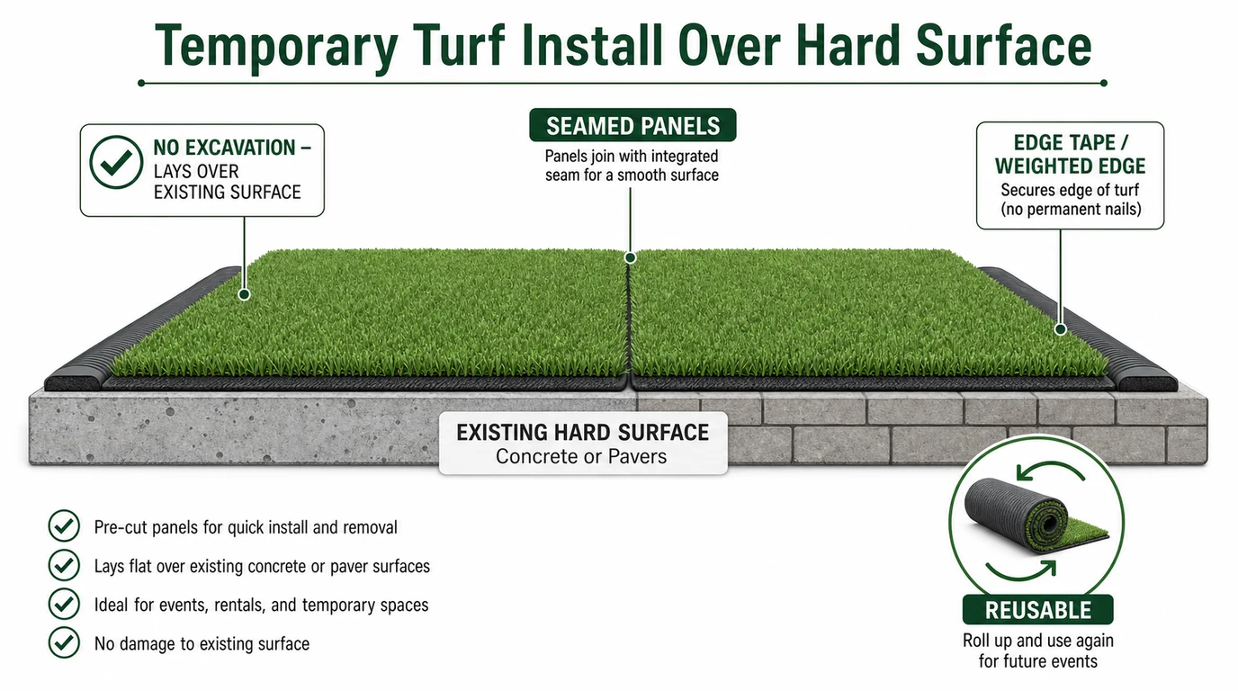 Artificial turf laid over a hard surface for a temporary event installation