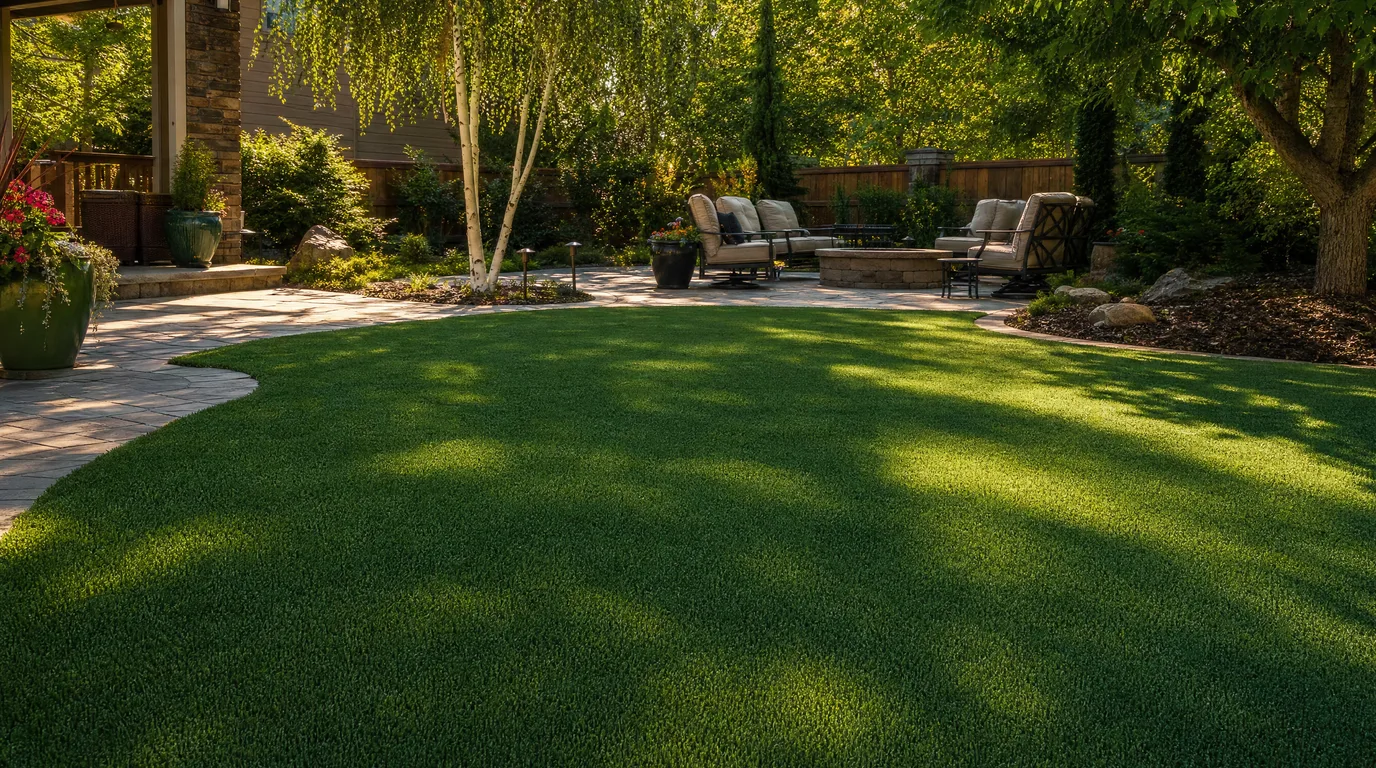 A mature, pristine artificial turf lawn in a well-kept backyard with patio furniture and established landscaping