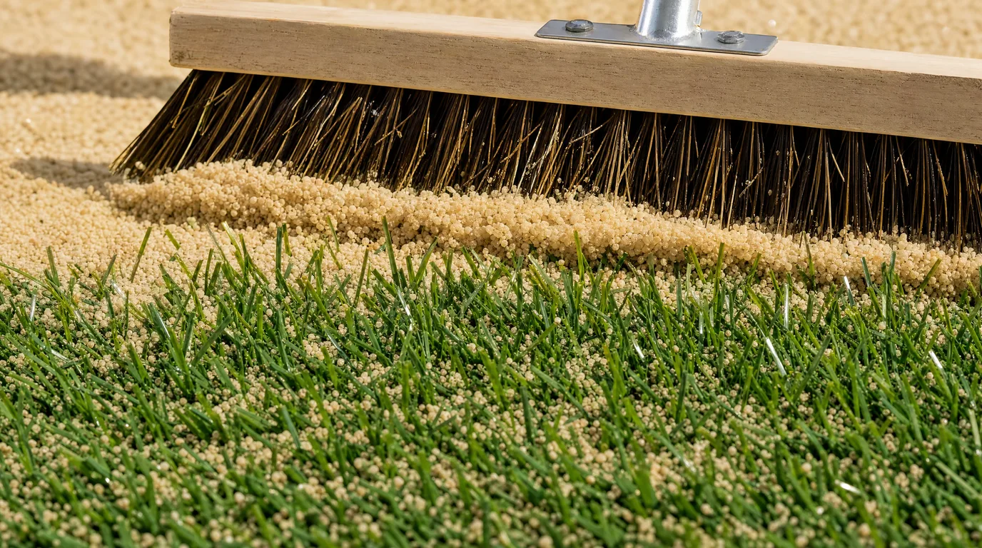 Close-up of a push broom brushing tan silica sand infill down into green artificial turf blades