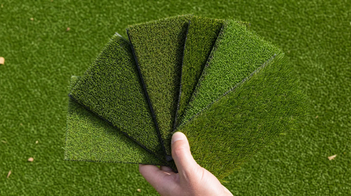 A hand fanning out several artificial grass sample swatches in different shades of green over a turf lawn