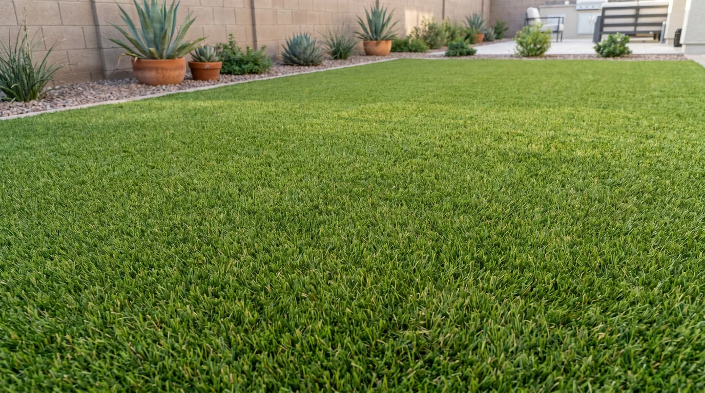 Clean, freshly maintained green artificial turf lawn in a modern Arizona backyard