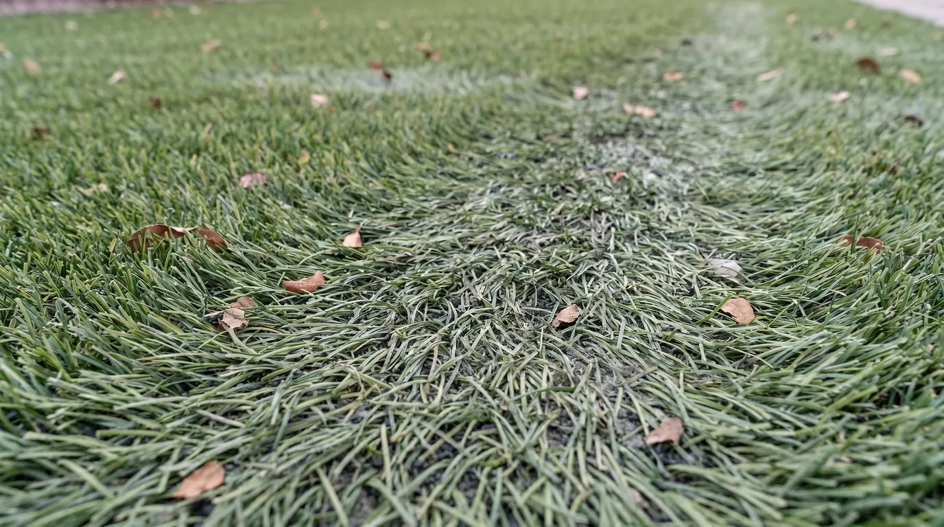 Matted, dusty artificial turf with flattened blades and scattered dry leaves