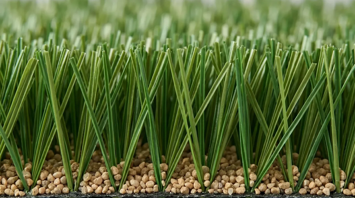 Upright green artificial turf blades with fresh tan infill at the base
