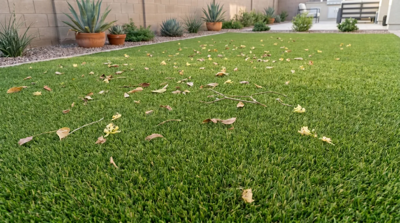 Dry leaves and blossoms scattered on a clean green artificial turf lawn