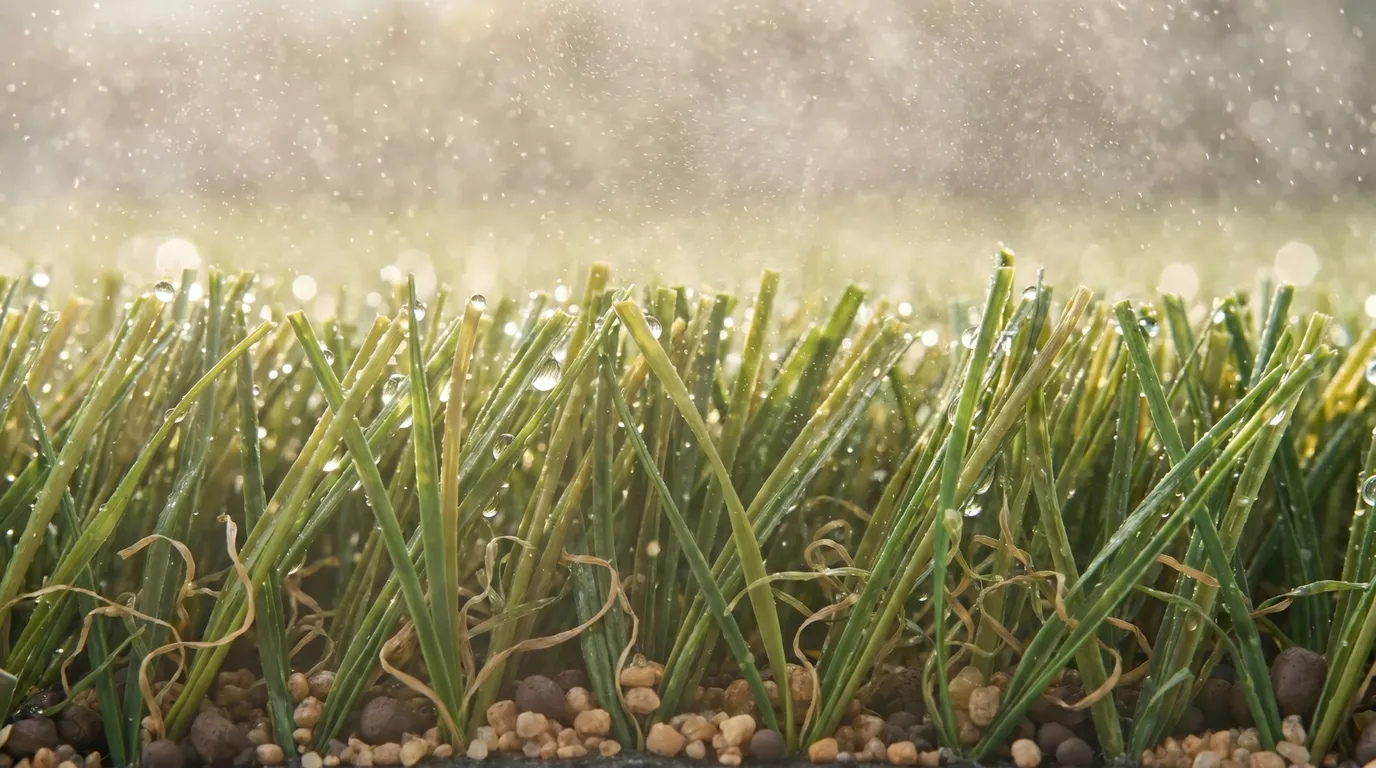 Water droplets and a fine spray on clean green artificial turf blades