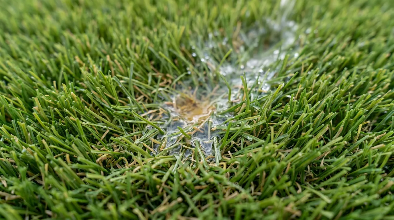 A small spot on green artificial turf being rinsed clean