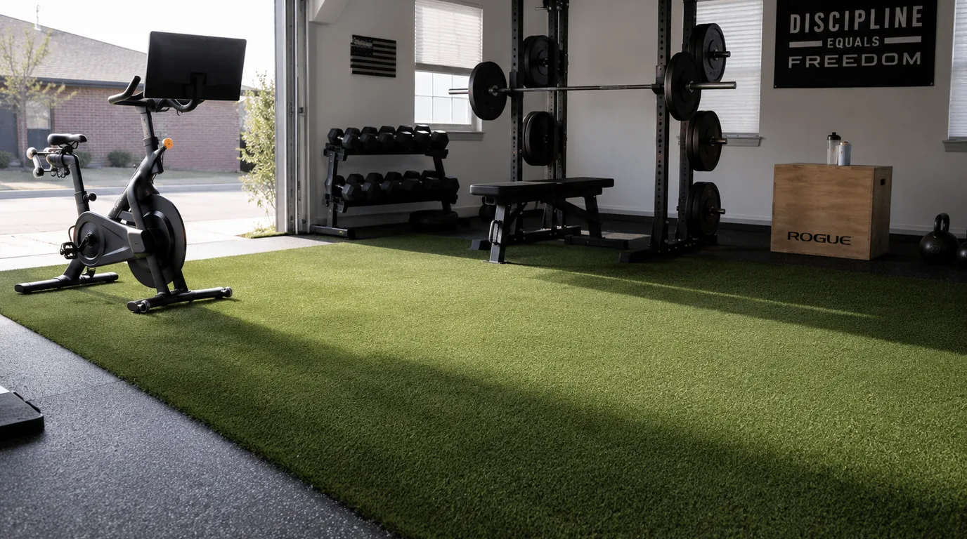A garage gym floored with short, dense green artificial turf, a spin bike, a dumbbell rack, and weight plates, with the garage door open