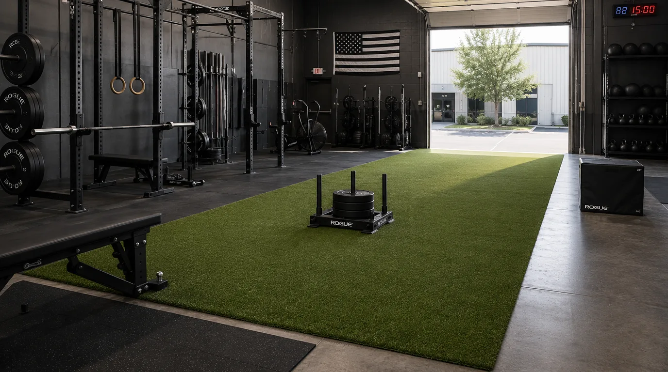 A bright home gym with a squat rack and a training sled on a strip of short, dense green artificial turf, weight plates and an open garage door in the background