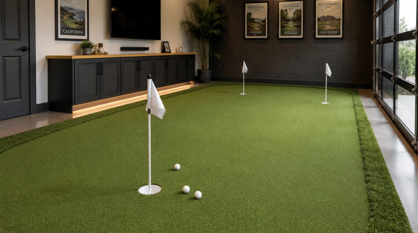 An indoor putting green of short, dense green artificial turf with a flag in the cup and golf balls, in a finished home-gym room
