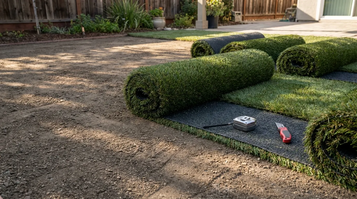 Artificial turf rolls and a tape measure laid out beside a prepared base during project planning