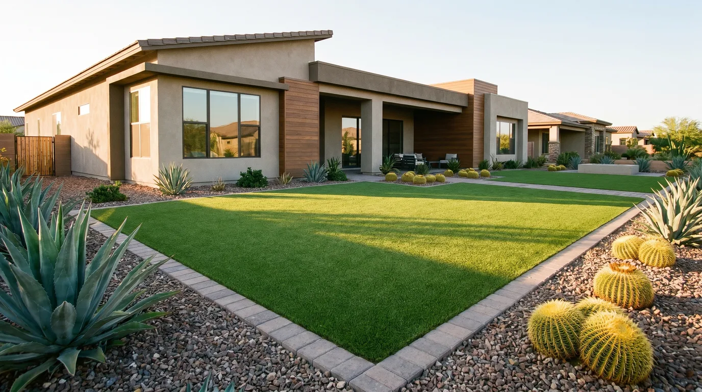 Finished artificial turf lawn at a modern Arizona desert home, bordered by pavers, agave, and decorative rock in warm afternoon light