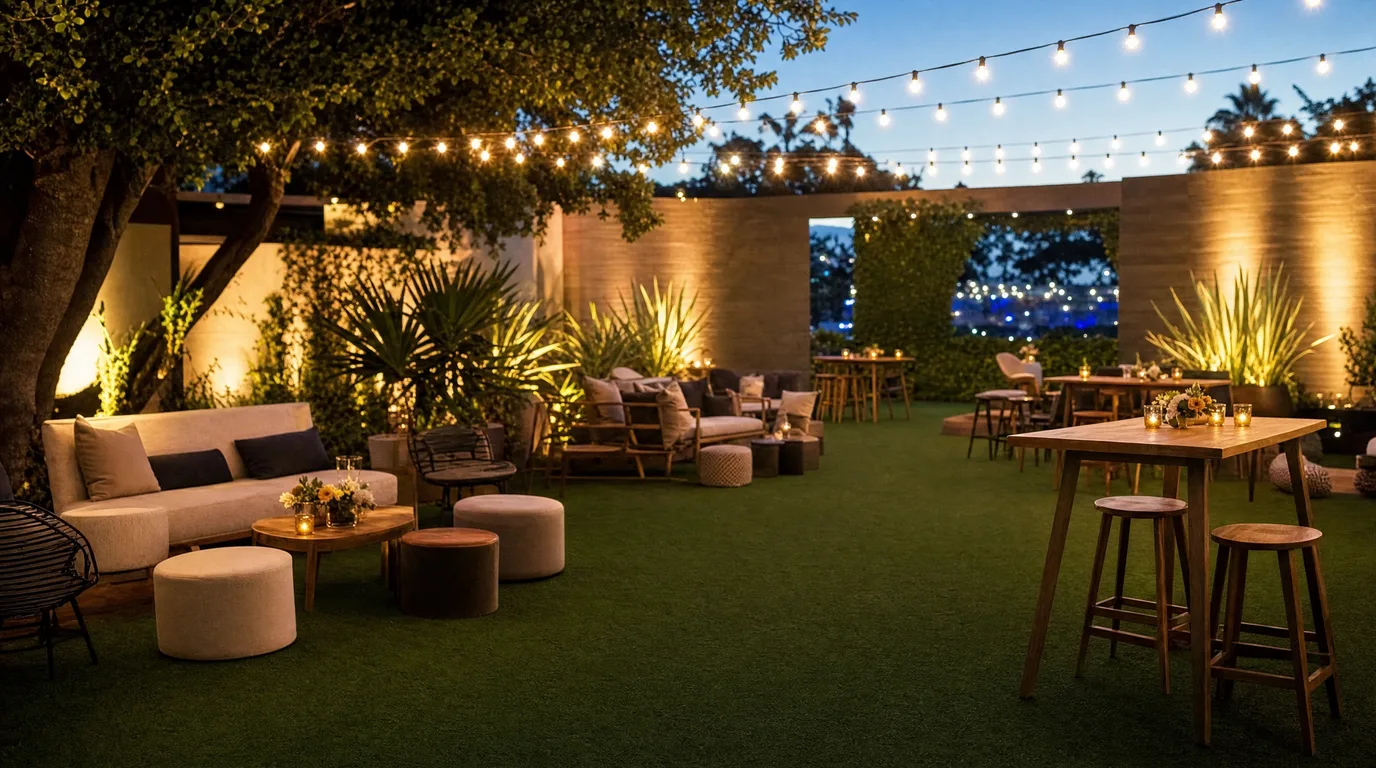 Stylish outdoor event space with artificial turf flooring and warm string lights at dusk