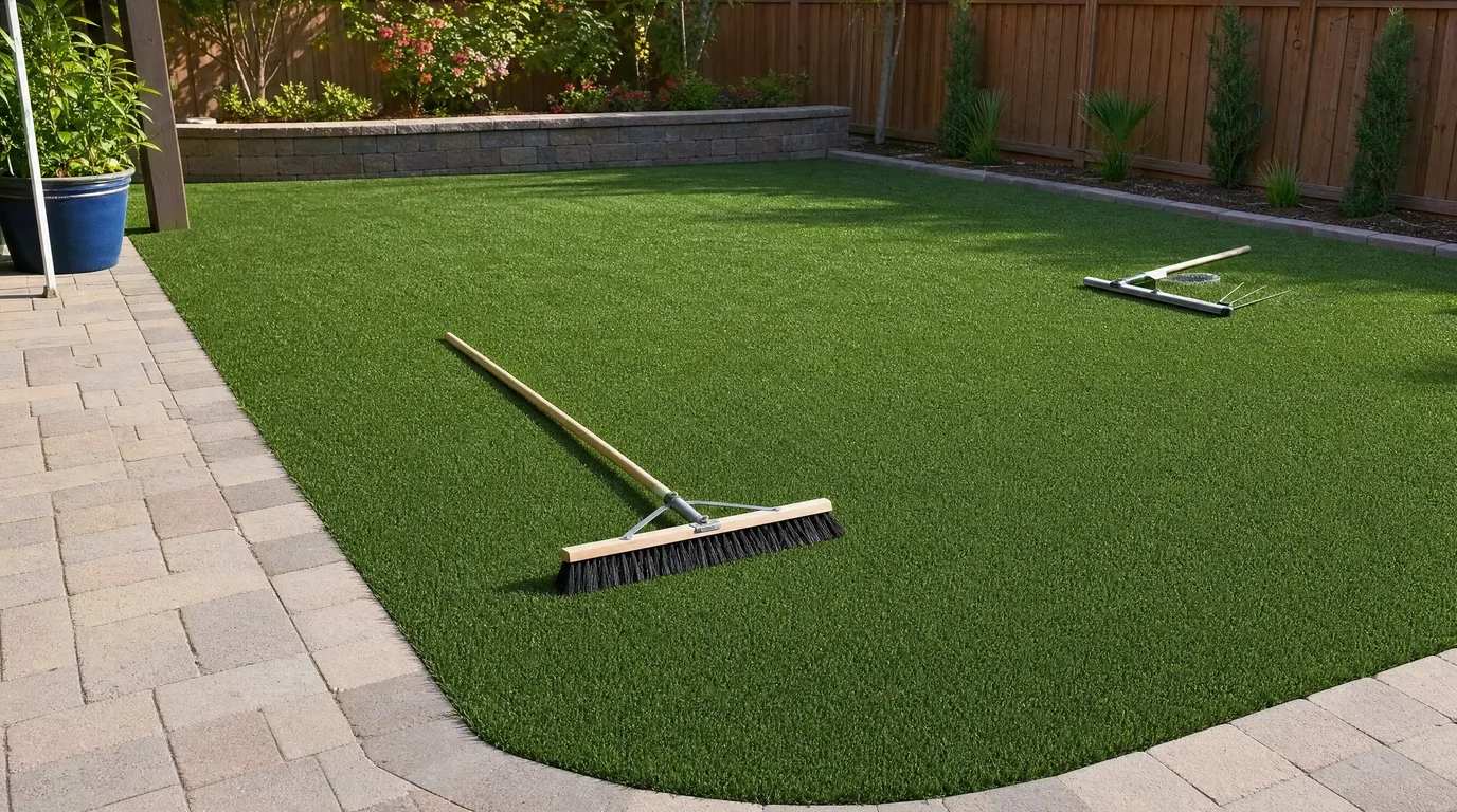 A freshly finished artificial turf installation with a clean paver edge and turf tools resting on the new lawn