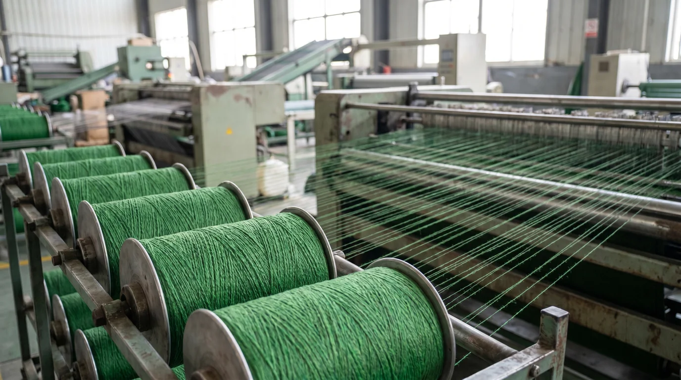 Rows of spools wound with green polyethylene turf yarn feeding a tufting machine at a synthetic grass factory