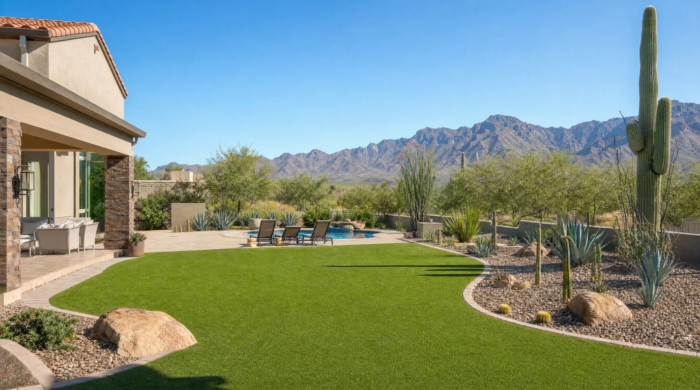A lush green artificial turf backyard at an Arizona home with desert landscaping and a mountain backdrop